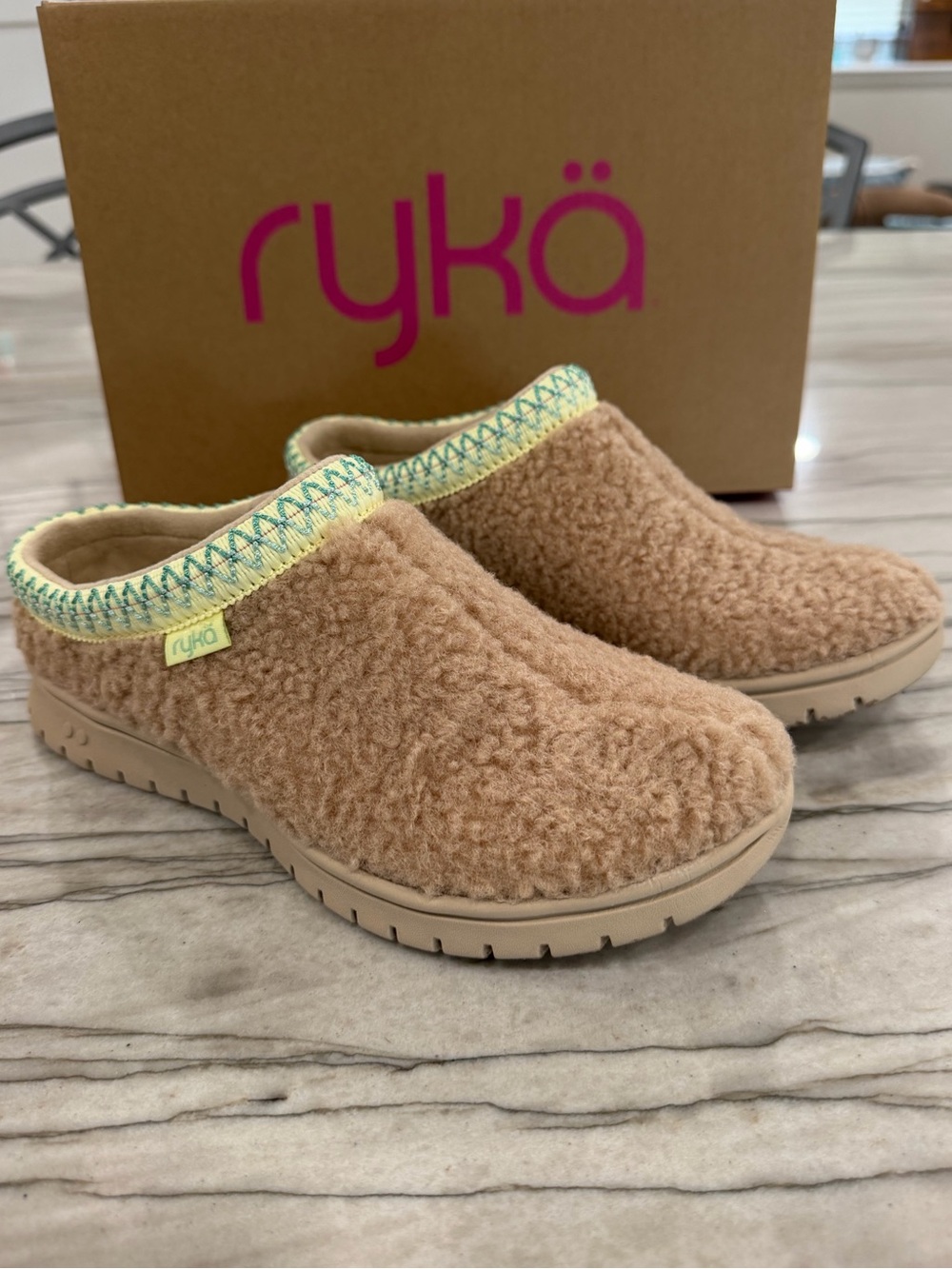 Ryka Stellar Cozy Mule Latte Brown Sherpa Slip On Clogs Shoes Size 5.5 M
